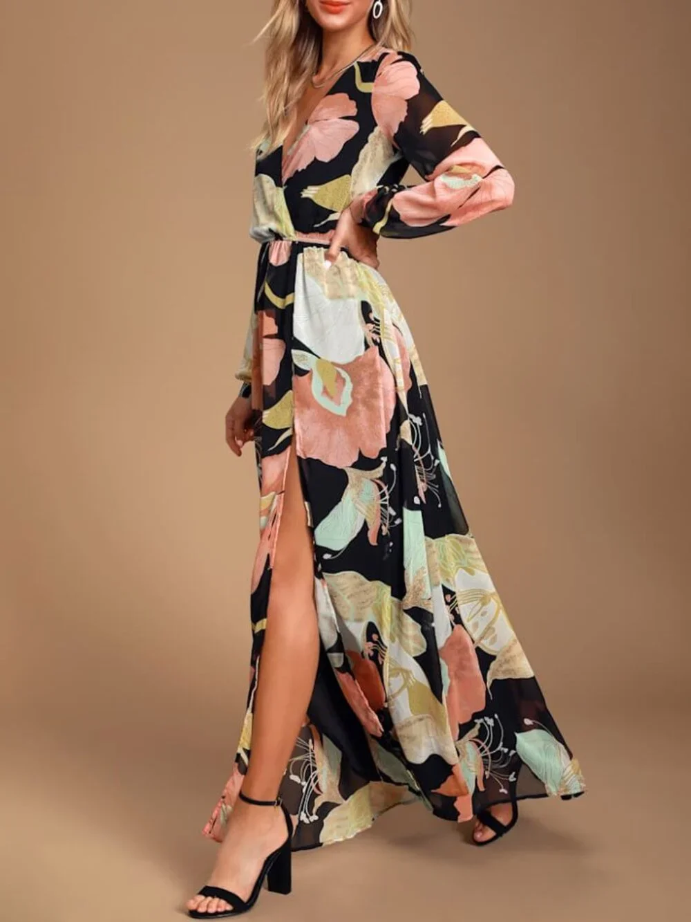 Lulus Wondrous Water Lilies Black Floral Print Maxi Dress Size XS